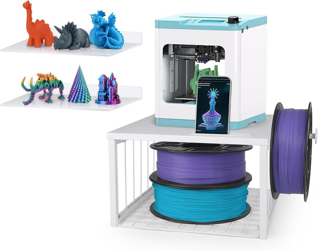 Kids 3D Printer Stand with Filaments Storage, 2-Tier Mini 3D Desktop Printer Stand with Side Spool Holder, 3D Printer Desk Organizer with 2 Pack Acrylic Shelves for Beginners, Wall-Mountable, White
