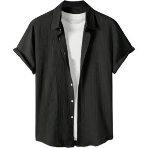 OYOANGLE Men's Textured Short Sleeve Button Down Shirts Basic Work Casual Collared Shirt Tops (Black)