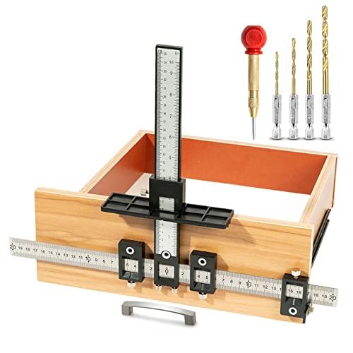 Solike Cabinet Hardware Jig, Aluminum Alloy Cabinet Handle Jig Tool for Fast and Accurate Installation of Door Handles and Drawer Front Knobs, Pulls(with Automatic Center Punch and 4 Drill Bits)