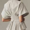 Dsewpaur Women Striped Button Pleated Shirts Short Sleeve Summer Casual Peplum Blouse White, 