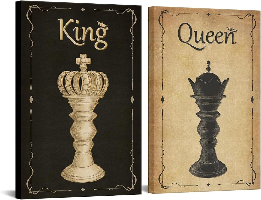 sechars Chess Canvas Wall Art Vintage King and Queen Chess Painting Poster Art Print Antique Decor for Living Room Bedroom Stretched Gallery Canvas Wrap Giclee Artwork Ready to Hang Gift Piece, 24"L x 16"W