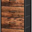 Somdot Tall Nightstand for Bedroom, Tall 5 Drawers Dresser, Vertical Storage Tower Unit, Nightstand Furniture with Fabric Drawer Organizer in Bedside Kids Room, Laundry Entryway, Wood Grain Print