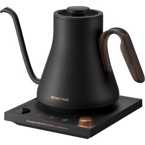 INTASTING Electric Kettle, Gooseneck Electric Kettle, ±1℉ Precise Temperature Control, Stainless Steel Interior, Quick Heating for Pour Over Coffee, Tea & Boiling Water, 0.9L (Wood Black)