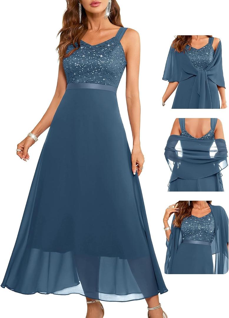 BeryLove Summer Formal Wedding Guest Prom Dresses Sequin Cocktail Evening Lace Elegant Mother of The Bride Dress (Blue, XL)