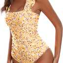 Ekouaer Women's One Piece Swimsuits Square Neck Tummy Control Bathing Suit with Adjustable Ruffled Straps Swimwear (Large, Yellow Floral)