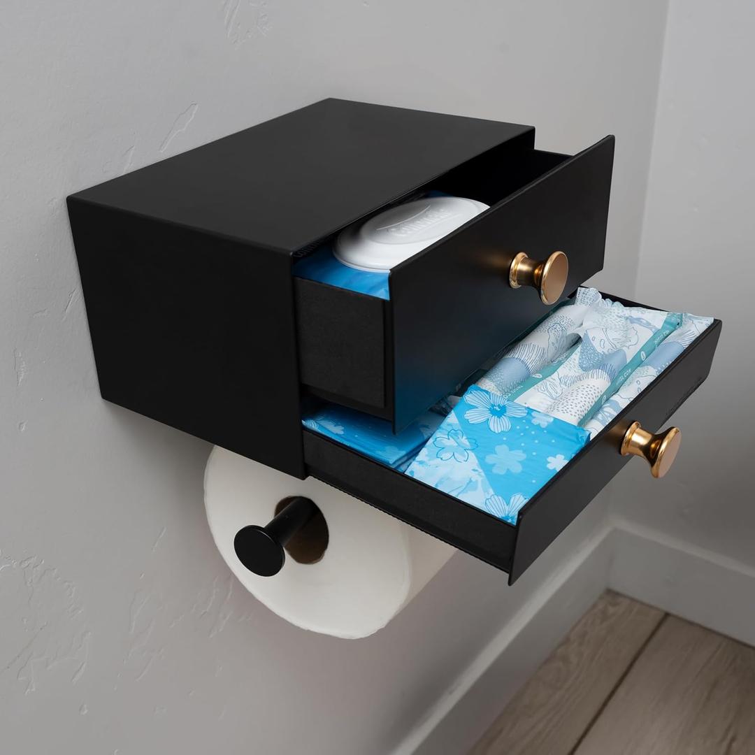 Modern Toilet Paper Holder with Storage Drawers - Toilet Paper and Wipes Holder for Bathroom - Aluminum TP Holder with Shelf and Drawers - Adhesive or Wall Screw Mounting - Black/Gold Knobs