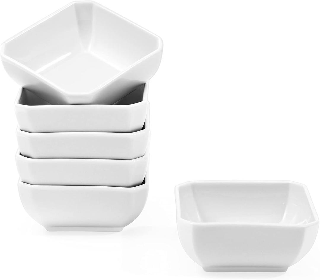 Yedio Square Dipping Bowls Set of 6, 6 Oz Small Porcelain Sauce Bowls for Side Dishes, Appetizers, Snacks, Baking & Dessert, White, Oven Safe