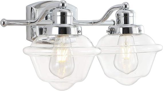 JONATHAN Y Orleans 2-Light Schoolhouse LED Vanity Light 16.75", Chrome
Mid-Century Metal Wall Sconce, Clear Glass Shade, 2700K Bulbs Included, Bathroom Kitchen Hallway Entry