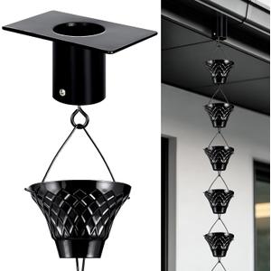 8.5 FT Black Rain Chain with Adapter for Gutters Downspouts Outside | 16 Cups, Large Opening to Avoid Splashing, Easy to Assemble, Beautiful Decorative Home Decor Design
