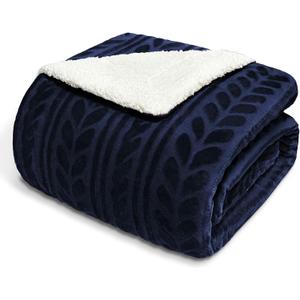 Exclusivo Mezcla Twin Size Sherpa Fleece Bed Blanket, Reversible Velvet Warm Blankets for Bed Couch Sofa, 90x66 Inches, Navy Blue