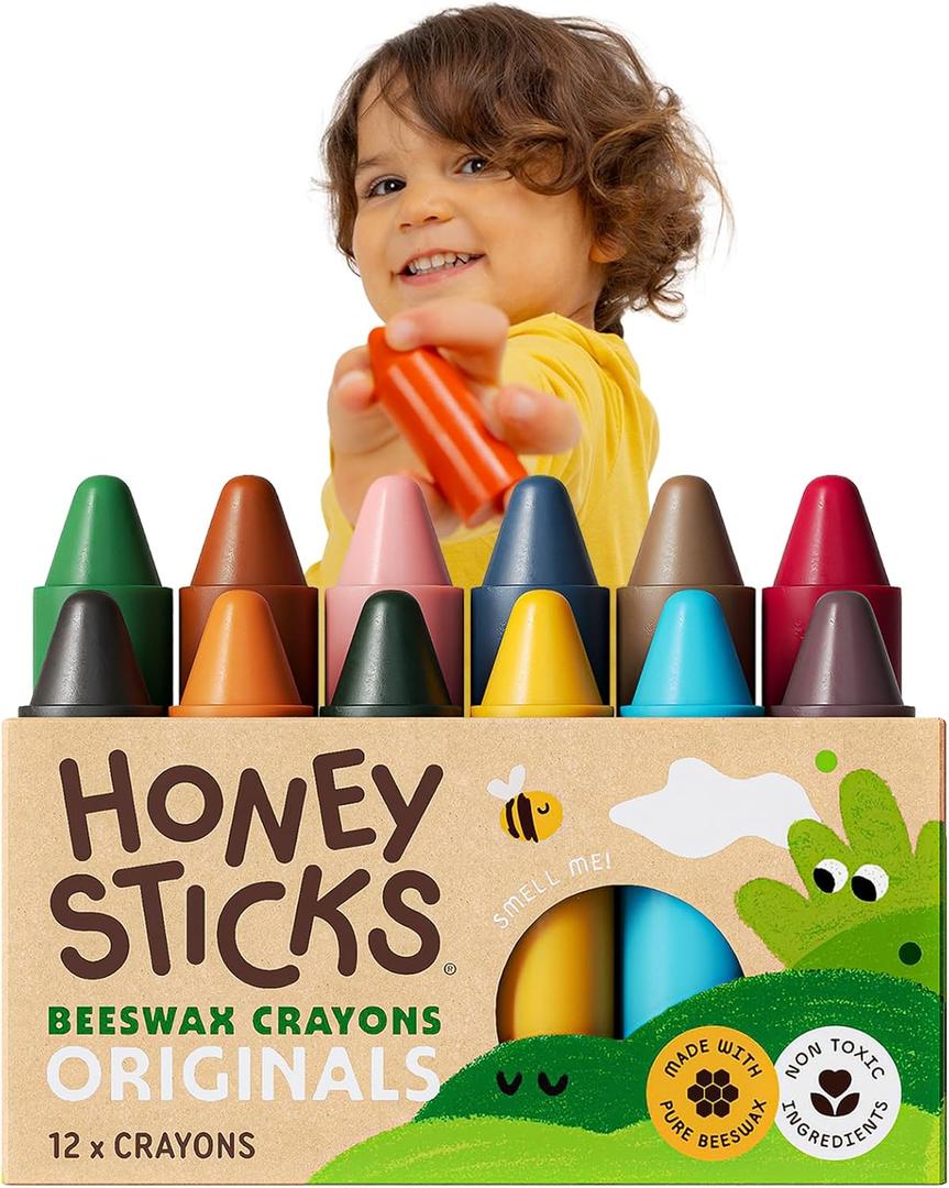 Honeysticks 100% Pure Beeswax Crayons (12 Pack) - for Baby 1+, Toddlers 1-3 | Non-Toxic Crayons for Toddlers 1-3, Safe for Baby from 1 Year Old Plus, Natural Beeswax and Food-Grade Colors, Easy Grip, Eco