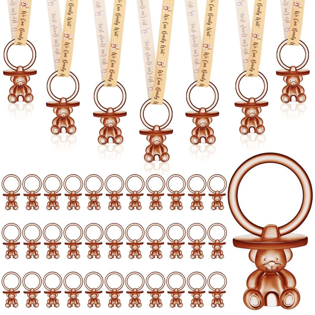 Beeveer 50 Pcs Green Leaf Baby Pacifiers Baby Shower Acrylic Pacifiers Necklace Boy Pacifier Bulk Nipples for Shower Game Ribbon Necklace for Party Favors Prize Decorations(Brown)