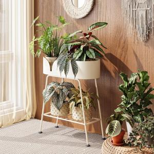 Bamworld Plant Stand Outdoor Large Plant Shelf Indoor for Tall Plants Table Metal 2 Tier Plant Bench Display Stand for Living Room Balcony Patio Decor White