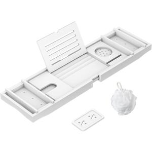 Zhuoyue Bamboo Bathtub Tray, Expandable Premium Bath Tray for Luxury Bathroom, Adjustable Bath Accessories for Tub with Soap Towel Book Holder, Extendable 29.5-43.3" White