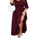 SCOMCHIC Womens Plus Size Maxi Dress Short Sleeve Square Neck Smocked Wedding Guest Flowy Split Dresses with Pockets Burgundy, Size: 2X-Large Plus