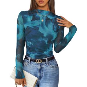 ZESICA Floral Long Sleeve Tops for Women 2026 Fall Mesh Mock Neck Ruched Fitted Shirts Going Out Blouses Trendy Clothes, L