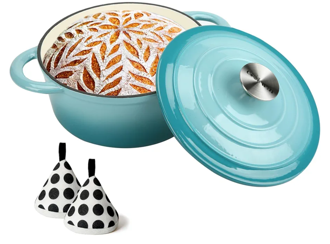 Enameled Cast Iron Dutch Oven, 5 QT Bread Baking Pot with Self Basting Lid, Non-stick Enamel Coated Cookware Pot, Great Christmas Gifts for Family, Teal