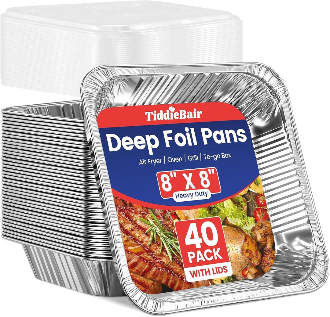 40 Pack 8x8 Aluminum Foil Pans with Clear Plastic Lids - Square Baking Cake Pans Disposable - to Go Food Container, Aluminum Tray, Perfect for 8'' Air Fryer