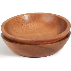 Acacia Wood Serving Bowls, 6 Inch Handcrafted Wooden Individual Bowls Set of 2 for Food/Soup/Salad/Pasta, Use as Snack Holder Plate for Kitchen and Dining