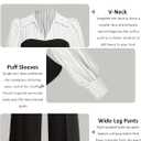 LAJIOJIO Women's 2 Piece Outfits Casual V Neck,Puff Long Sleeve Tops and Wide Leg Pants Sets with Pockets, Large