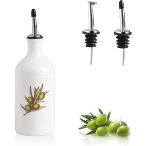 Sweejar Ceramic Olive Oil Dispenser Bottle, Opaque Oil Cruet Protects to Reduce Oxidation, Suitable for Storage Vinegar, Coffee Syrups & Other Liquids, Pack of 1, 15.5 Fl Oz(Olive Leaf White)