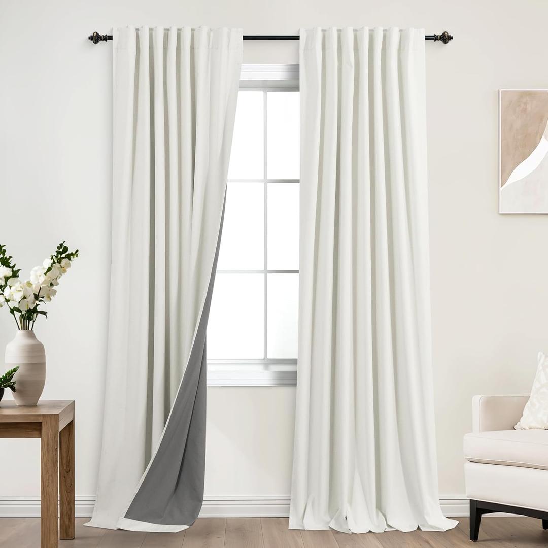 KOUFALL Ivory Blackout Curtains 90 Inches Long,Linen Back Tab Black Out Pleated Antique Curtains for Living Room Bedroom 52 x 90 Inch Length 2 Panel Set
