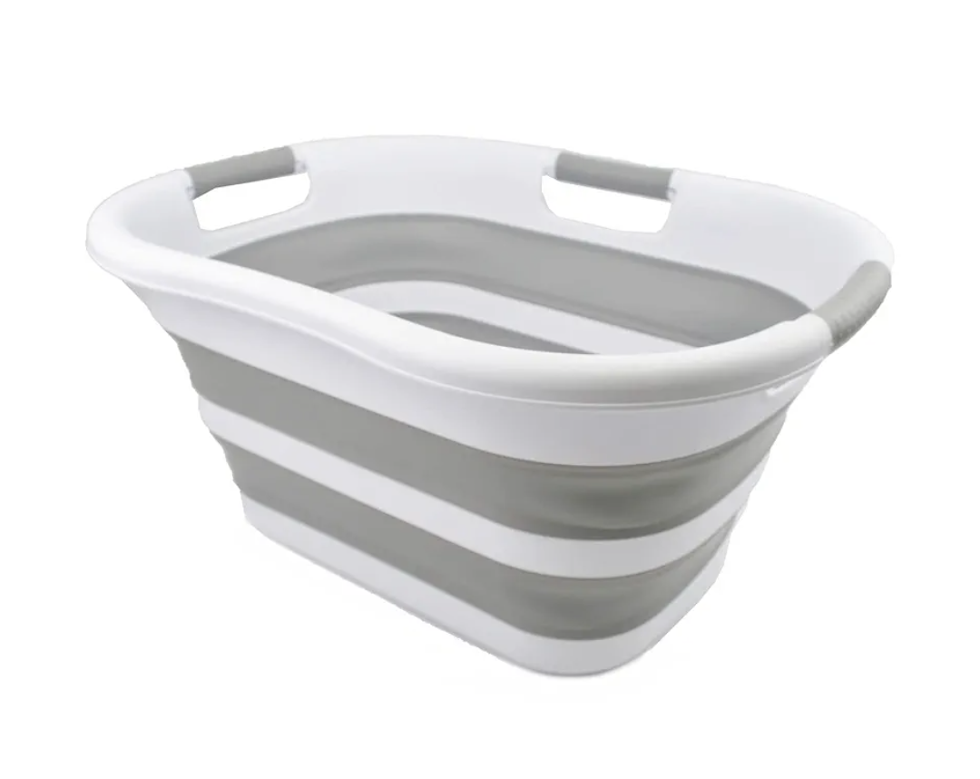 Collapsible Plastic Laundry Basket - Foldable Pop Up Storage Container/Organizer - Portable Washing Tub - Space Saving Hamper/Basket (1, White/Grey)