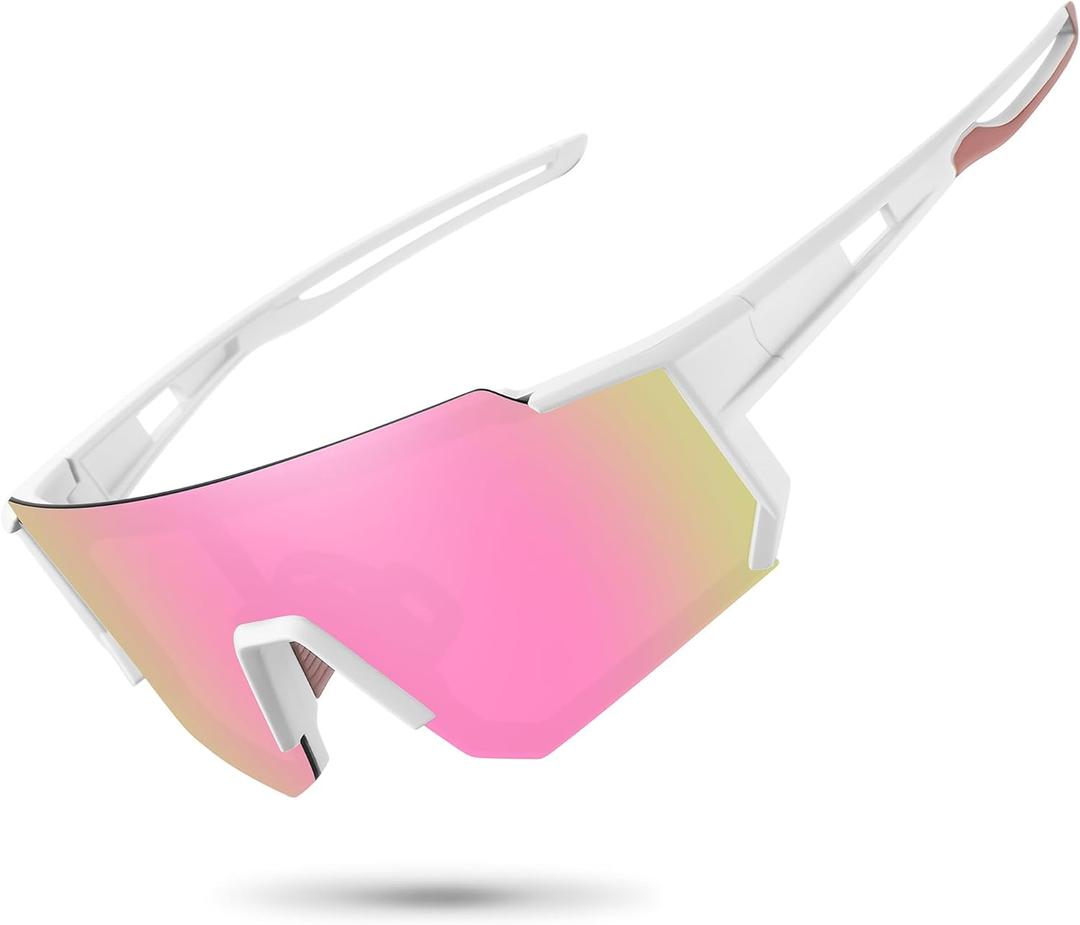 STORYCOAST Polarized Sports Sunglasses for Men Women,Driving Fishing Cycling Mountain Bike Sunglasses UV400 Protection (1-(a)white Frame-pink Mirror Lens)