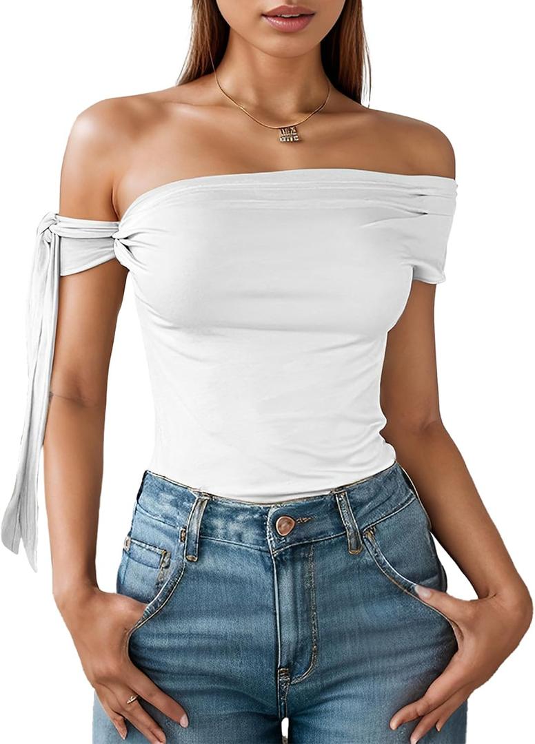Off The Shoulder Tops for Women - Tie Shoulder Ruched Going Out Slim Fit Solid Y2K Tops White (White, L)