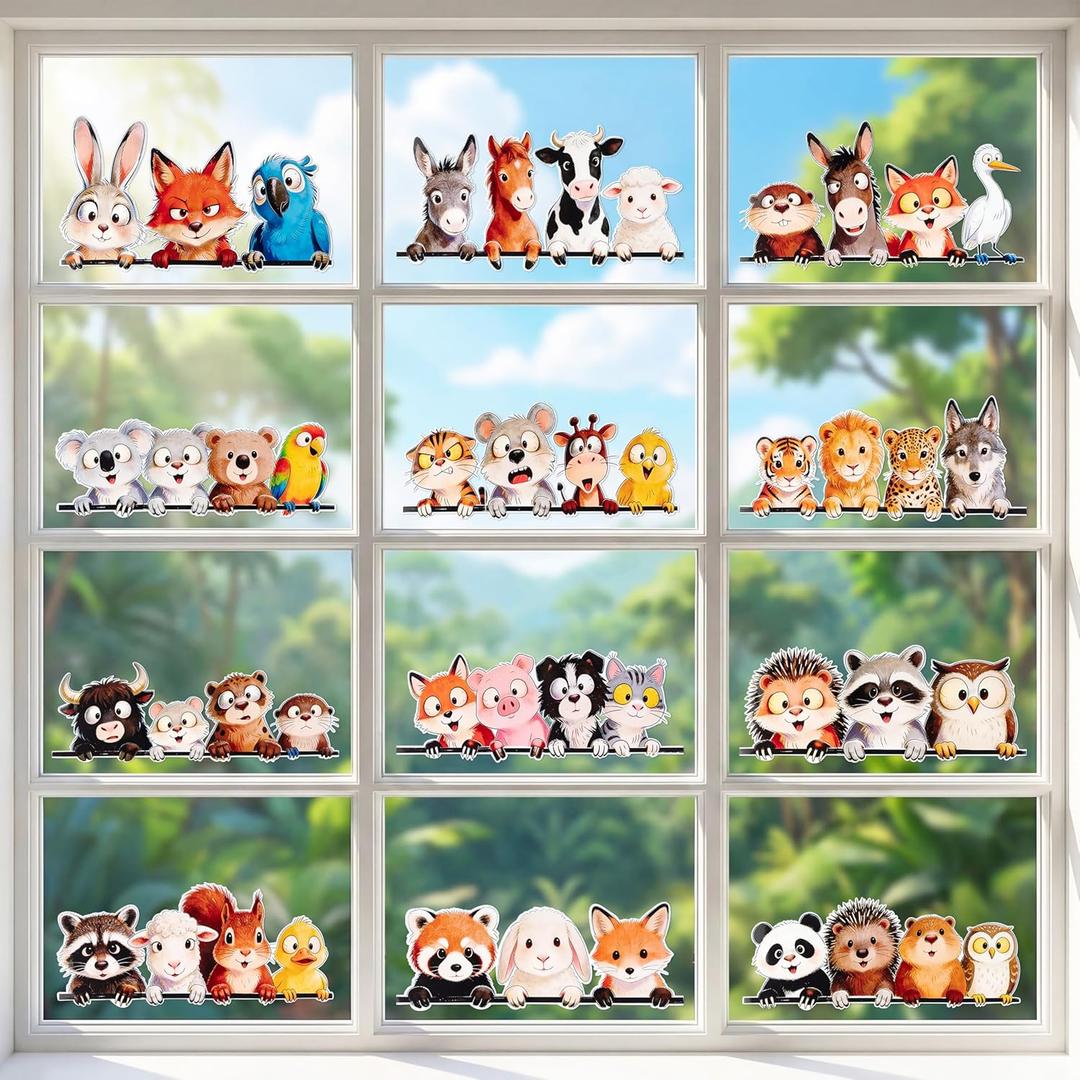 Funny Animal Wall Stickers - 12P Animal Vinyl Decals Large Size 13.8x7.5 Inch Waterproof Window Clings for Kids Room Nursery Living Room Decor, Cute Fox Car Decals for Vehicles