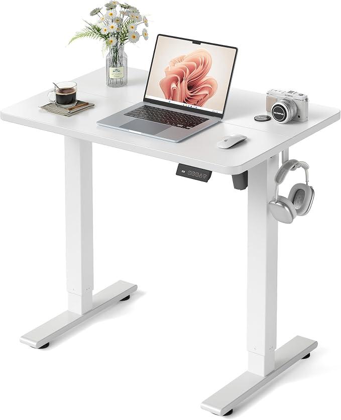 FEZIBO 32" Small Electric Standing Desk Adjustable Height, 3 Memory Height Settings, Sit Stand Up Desk for Home Office & Computer Workstation, White