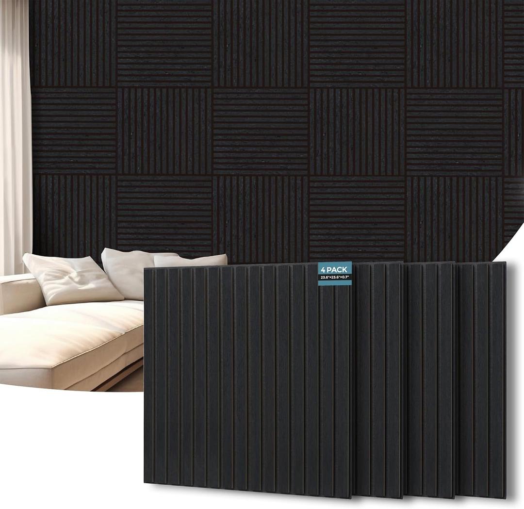 AKUMAX 4 Pack Wood Panels-3D Slat Wall Panelling for Wall-Ceiling and Sound Absorbing - Wooden Wall Panels for Living Room, Bedroom-Fire Retardant & FSC-15.5 ft²(Black Oak)