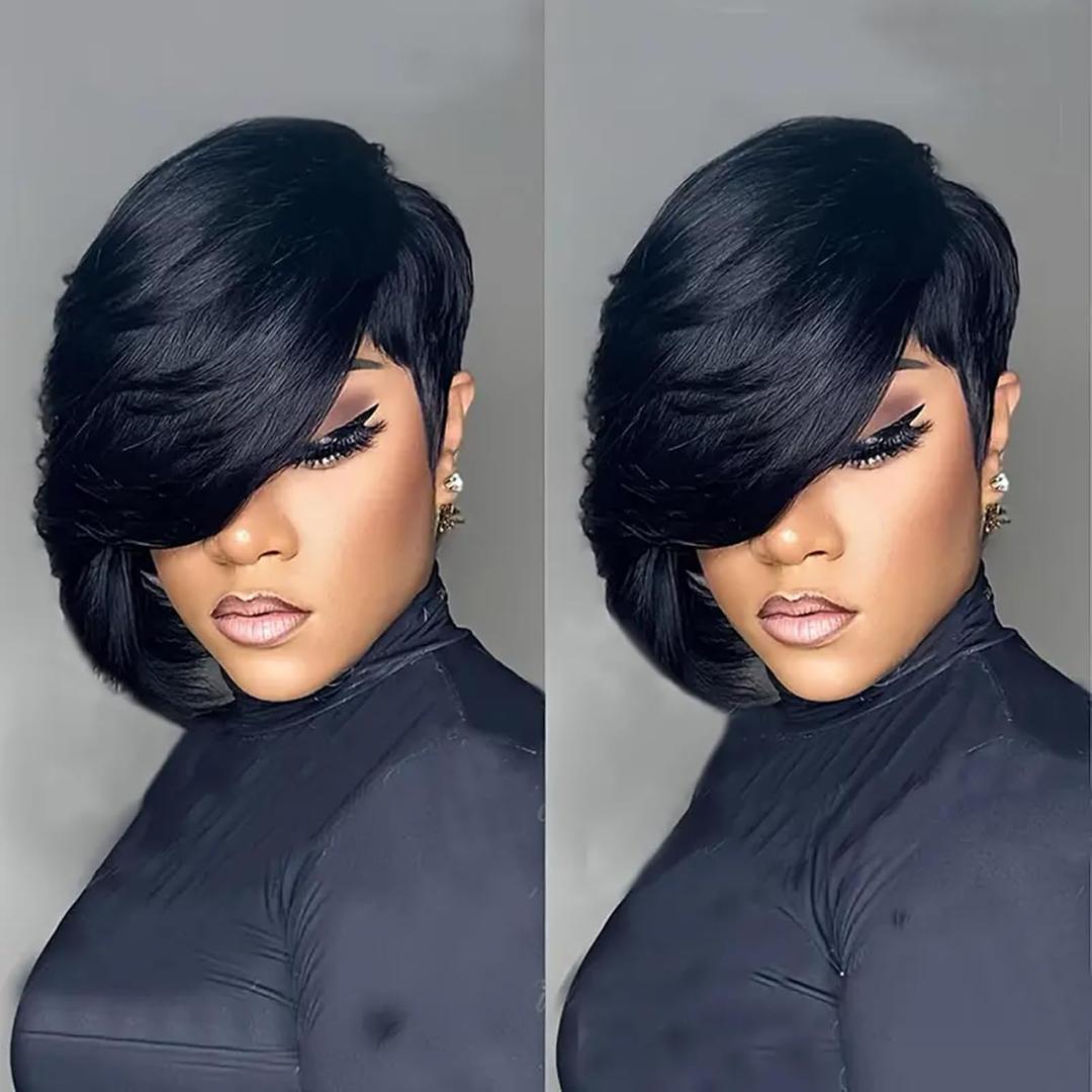 Pixie Cut Wig for Black Women Natural Black Short Wigs for Women Side Bang Layered Wig with Bangs Pixie Haircut Synthetic Straight Natural Looking Daily Party Wigs