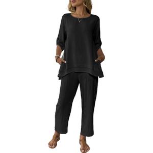 Women's Linen 2 Piece Outfits Rolled Sleeves Tops Wide Leg Trouser Pants Suits Summer Casual Dressy Linen Sets