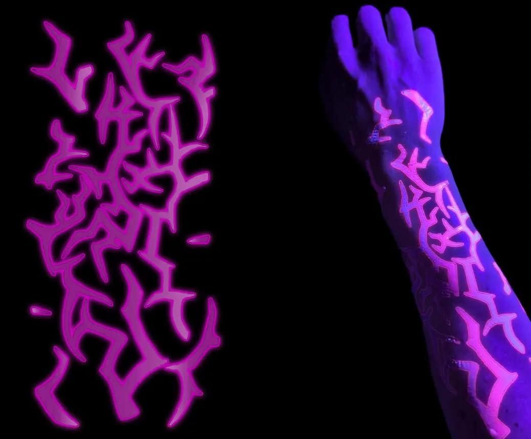 2 x Fluorescent Tattoo Stickers for Cosplay,Rave Party, Neon Face Paint,Purple light glowing tattoo stickers