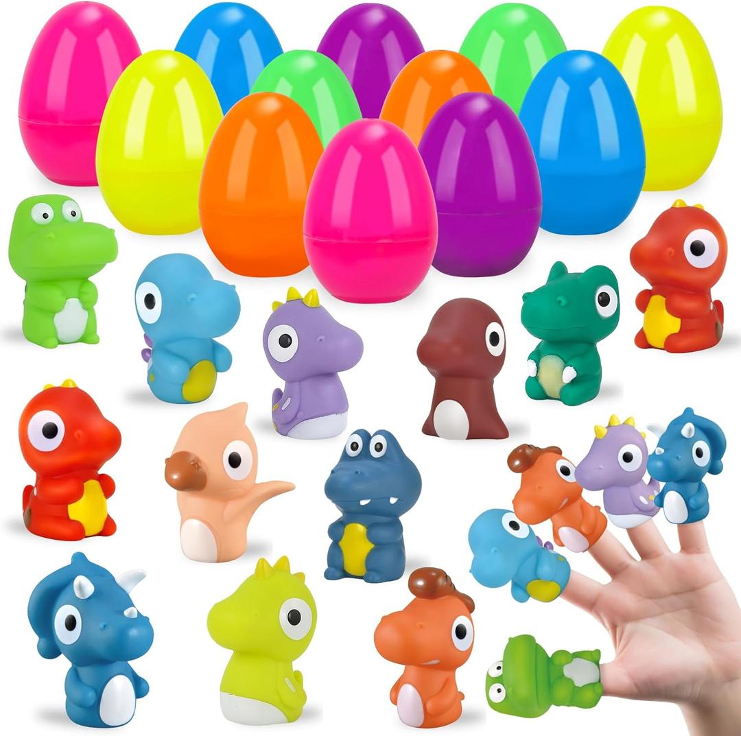 Prefilled Easter Eggs with Dinosaur Finger Puppets, Easter Basket Stuffers for Kids Hunting Games, Easter Eggs with Toys Inside for Basket Stuffers Fillers, 12 Pack