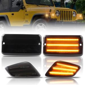 Front Turn Signal Lights & Side Marker Lights for 1997-2006 Wrangler TJ, Smoked Lens Side Bumper Marker Lamps, [Ultra-Bright] 3-Row Full LED Amber Parking Light DRL & Amber Turn Signal, 4 PCS