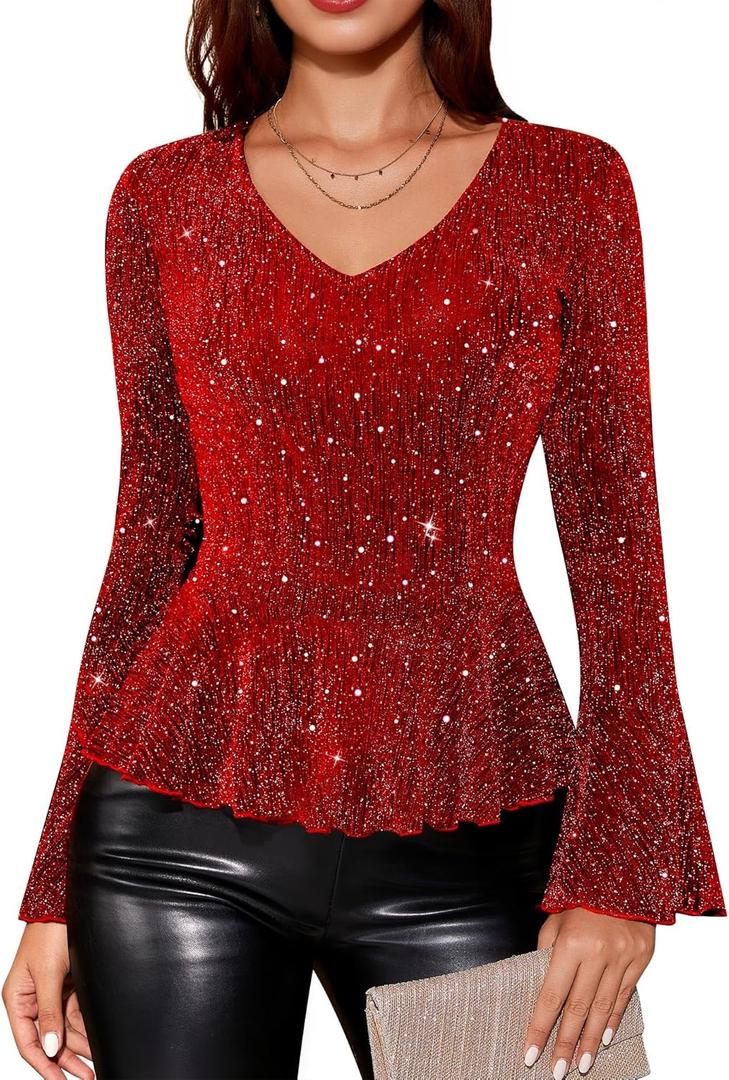 Sparkly Tops for Women Long Sleeve V Neck Ruffle Hem Sequin Shirts Glitter Blouses Evening Party Night (Medium, Burgundy)