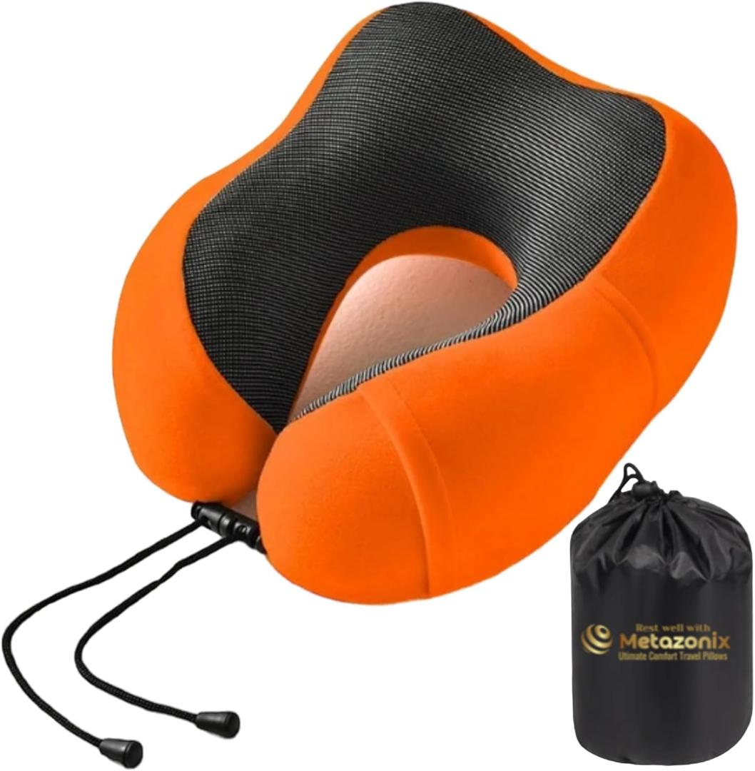 Travel Pillow - 100% Memory Foam - Travel Pillows for Airplane - Neck Pillow Airplane and Car Use - Memory Foam Travel Neck Pillow - Travel Essentials for Women and Men (Orange)
