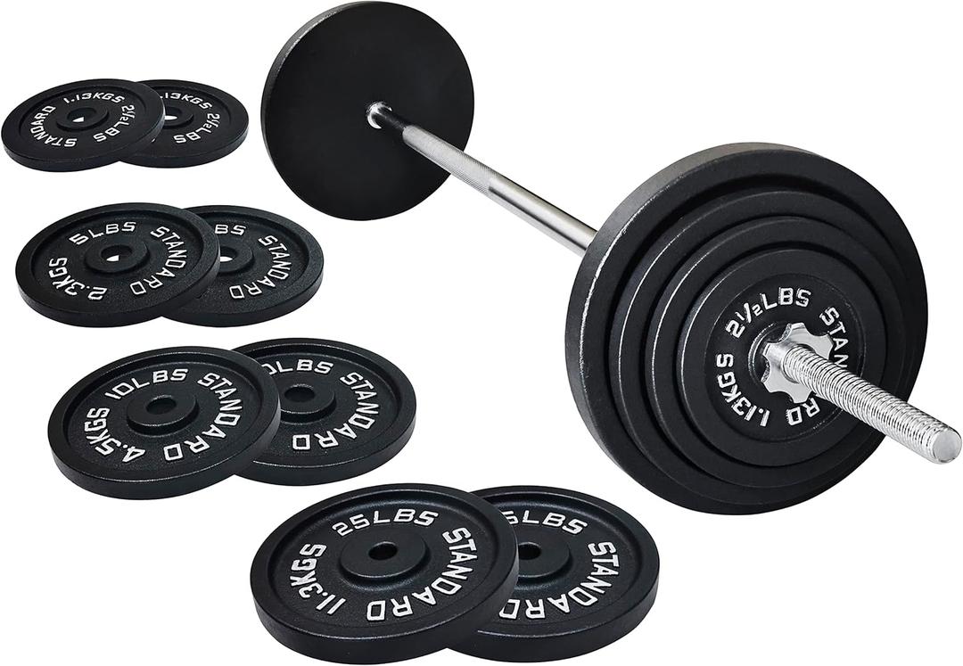 Fitvids Cast Iron Standard Weight Plates Including 5FT Standard Barbell with Star Locks, 95-Pound Set (85 Pounds Plates + 10 Pounds Barbell), Multiple Styles