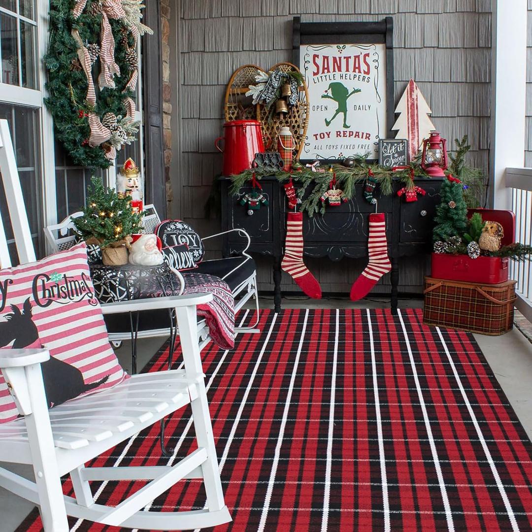 Buffalo Plaid Outdoor Rug 4' x 6' Christmas Door Mat Christmas Decor Welcome Rug Cotton Hand-Woven Layered Door Mats for Front Porch, Kitchen, Farmhouse, Entryway