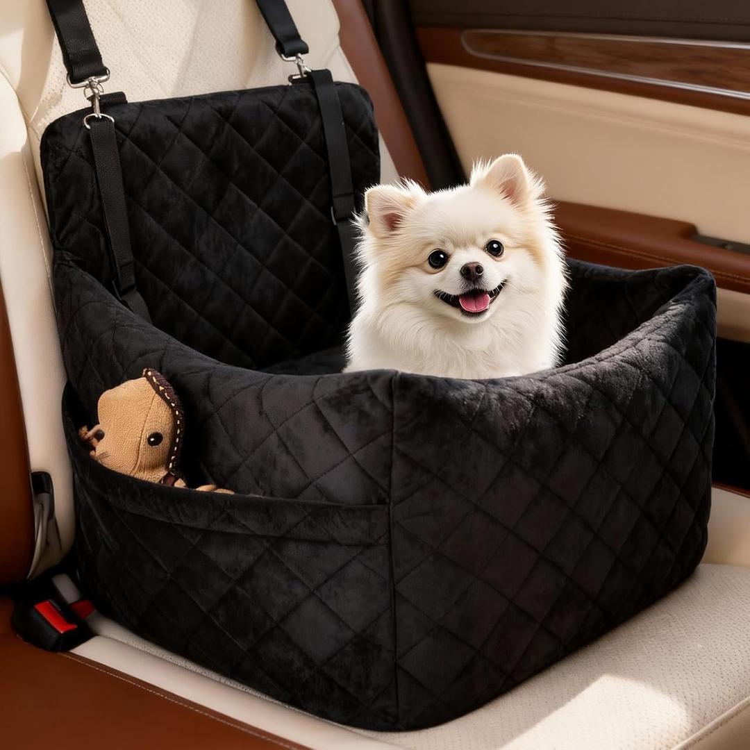 Dog Car Seat for S/M Dogs, Memory Foam Dog Booster Car Seat Up to 35lbs, Detachable Washable Pet Travel Bed with Side Pockets and 2 Safety Belts, Easy to Install (Black)