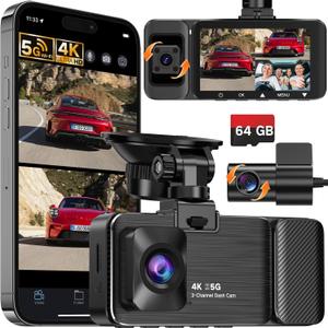 WECOOL 4K UHD 3 Channel Dash Cam Front and Rear Inside, Free 64GB Card Included, 360° Wide-Angle Full-View Dash Camera for Cars with Night Vision, 24H Parking Mode, G-Sensor, Loop Recording, 5GHz WiFi