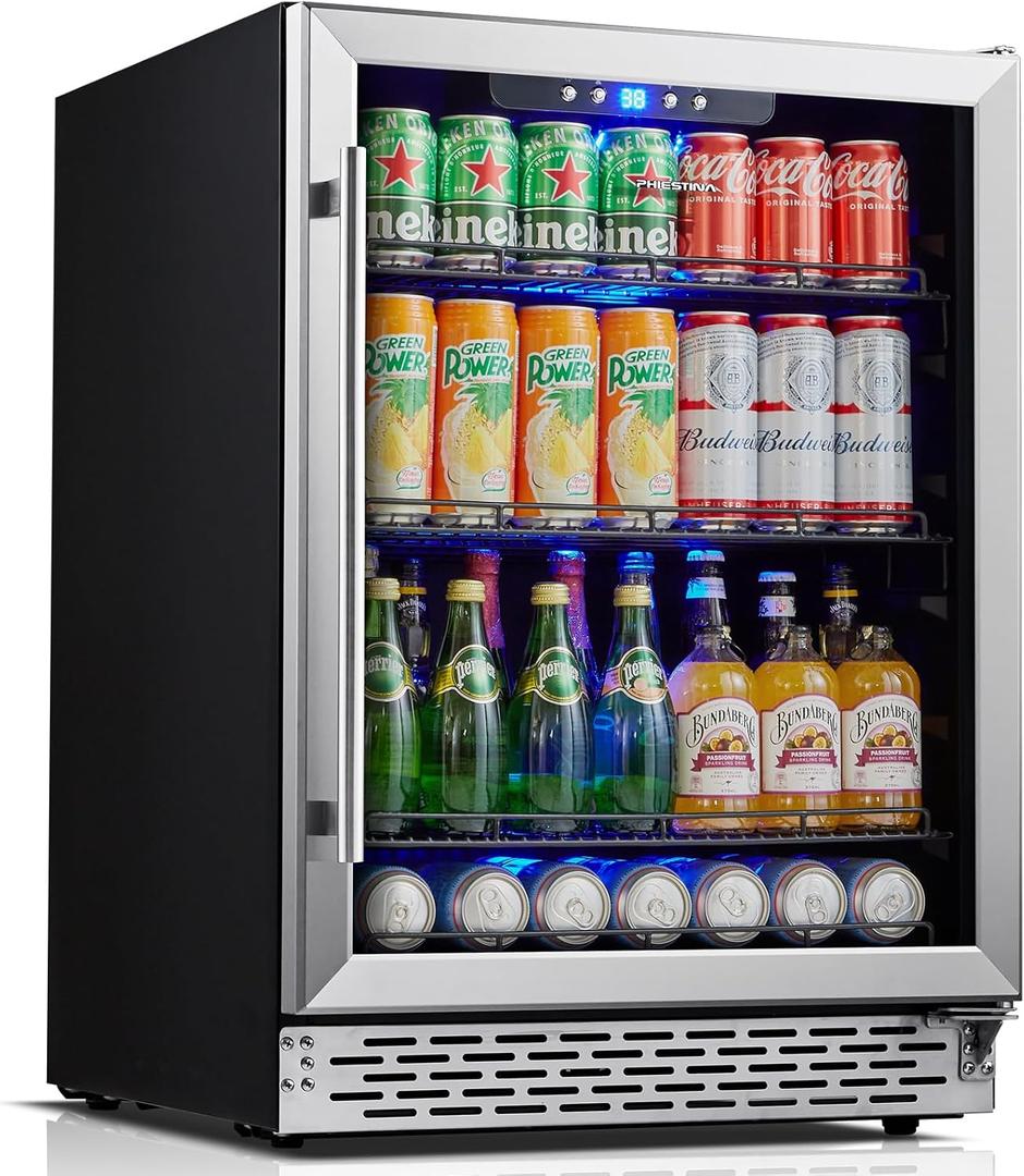 Phiestina Beverage Refrigerator 175 Cans Under Counter Beer Cooler 24 inch Quiet Built-in or Freestanding Beverage Fridge Glass Door Auto Defrost 5 Removable Shelves for Home Bar Office (175 Cans - 23.4" W x 22.44" D x 33" H, Clear)
