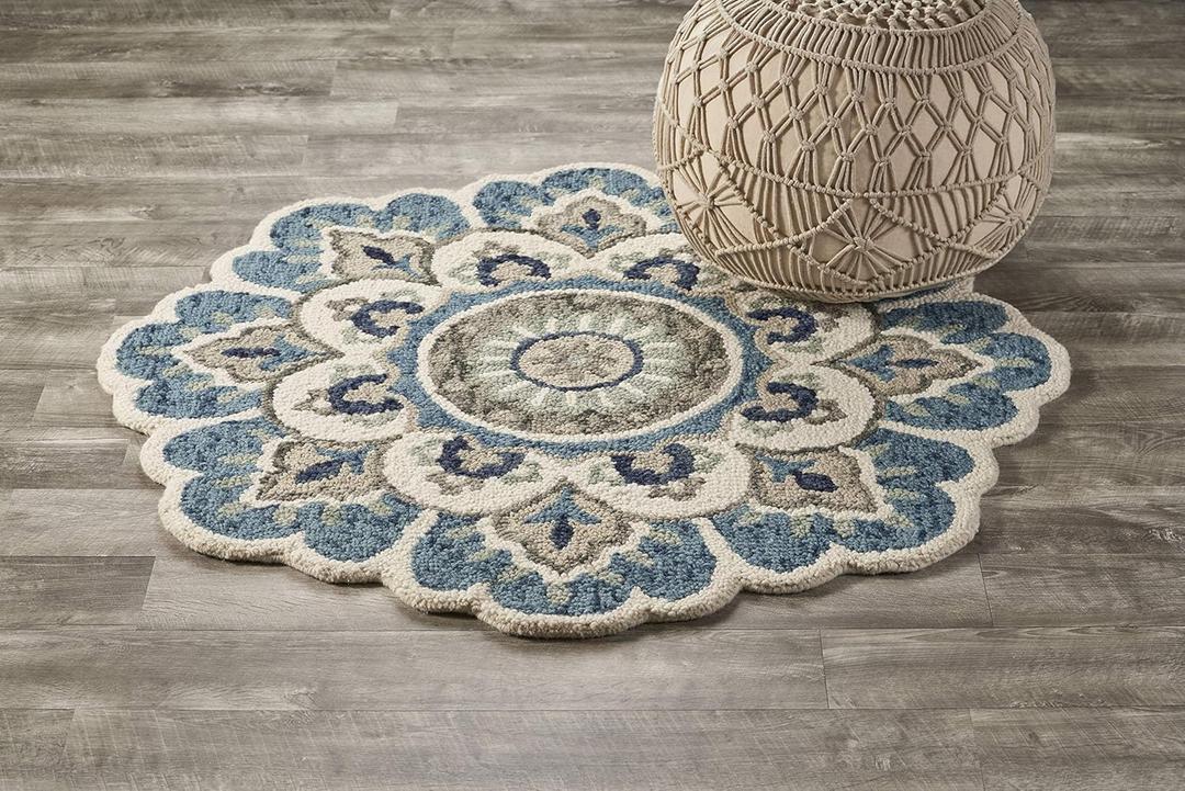 LR Home 6ft Round Indoor Wool Area Rug for Home Decor | Rugs for Living Room, Bedroom, Playroom, Entryway, Office | Hand Woven Modern Farmhouse Large Boho Area Rug for Room Decor | Ivory/Teal