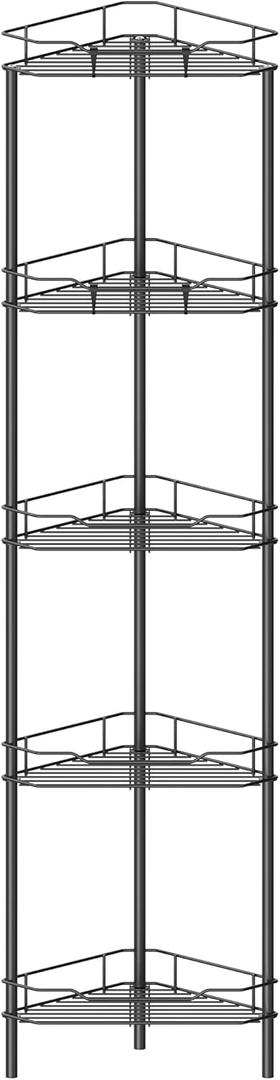 5 Tier Floor Standing Corner Shower Caddy Organizer Shelf with Hooks, Bathroom Shelves Stand Rack, Black