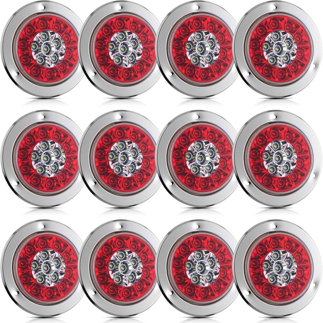 Riakrum 12 Pcs 4 Inch Round LED Trailer Tail Lights 16 LEDs Waterproof Stop Turn Brake Backup Reverse Running Lights with Rubber Grommet Sealed Round Red White LED Lamps for Trailer Truck RV (Classic)