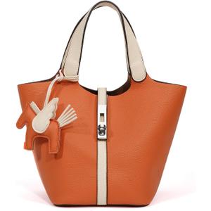 Tote Bag for Women Vegan Leather Bucket Purse for Women Top Handle Handbag Shoulder Bag with Detachable Small Purse (A36-Orange Beige)