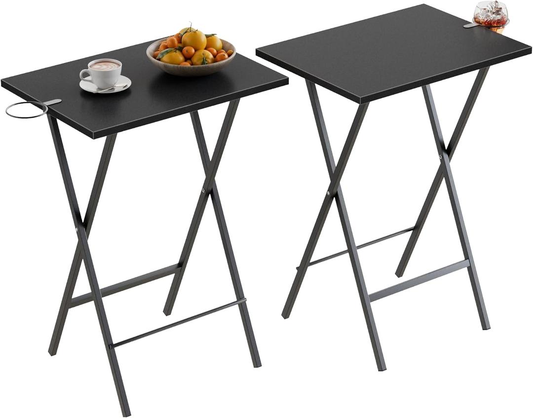 VECELO Folding TV Tray for Eating Set of 2, Portable Dinner/Snack Table with Cup Holder for Couch, Living Room and Small Space, Black