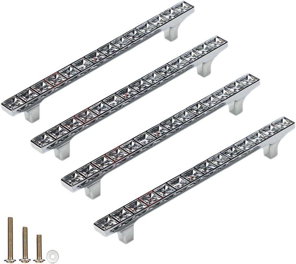 4 Pack Crystal Glass Rhinestone Cabinet Pulls Knobs Handles,Modern Decorated Shiny Dresser Drawer Konbs Pulls Handles for Cupboard Wardrobe Dresser Doors (4 Pack, 5" Hole Centers) (5 Inch Hole Centers)